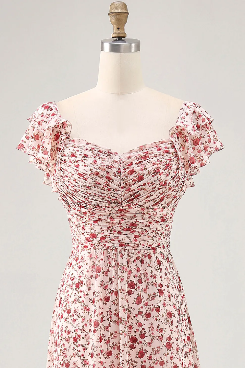 Blush Flor Impresso Ruched Uma Linha Vestido de Noiva Convidado com Fenda