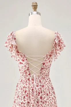 Blush Flor Impresso Ruched Uma Linha Vestido de Noiva Convidado com Fenda