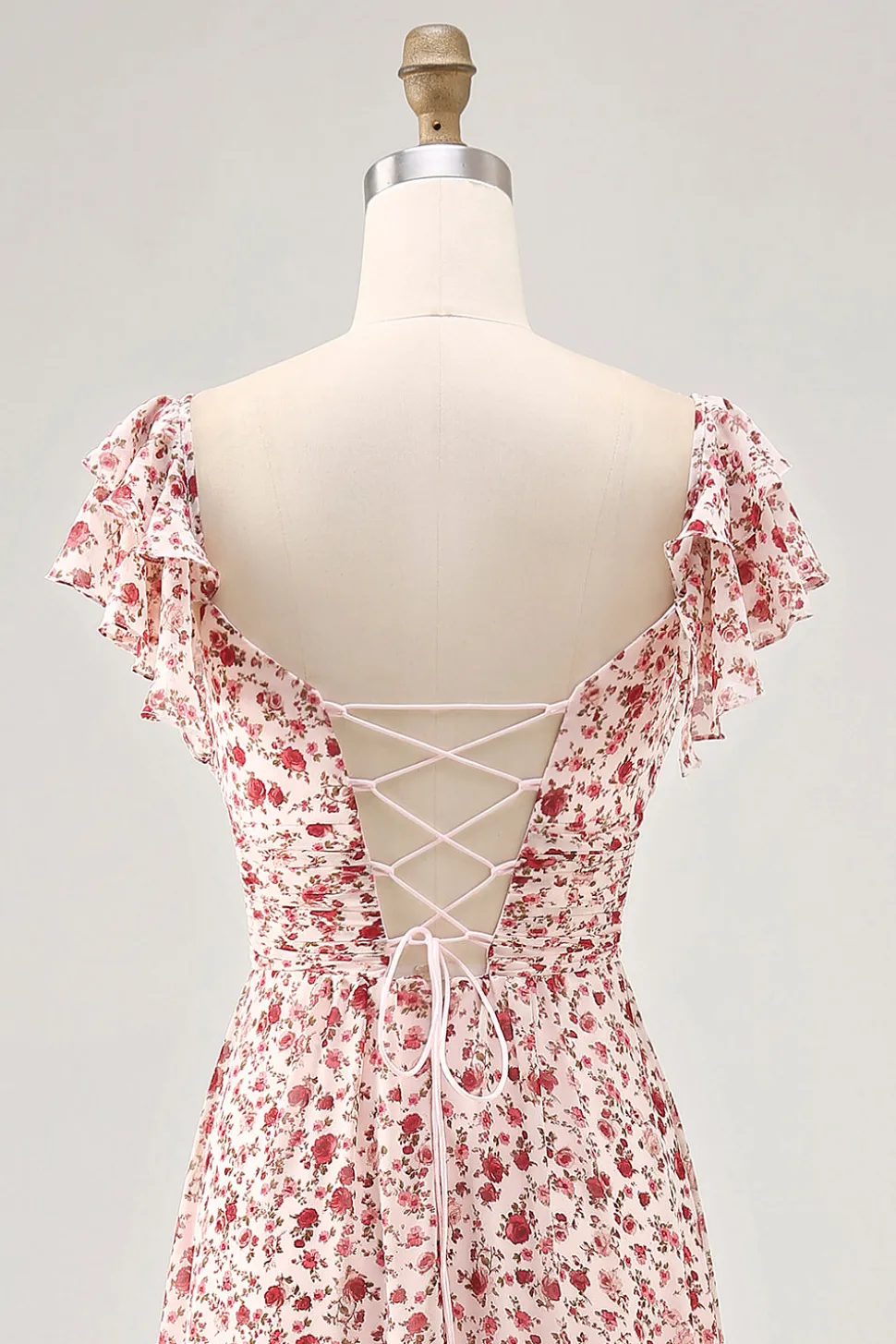 Blush Flor Impresso Ruched Uma Linha Vestido de Noiva Convidado com Fenda