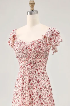 Blush Flor Impresso Ruched Uma Linha Vestido de Noiva Convidado com Fenda