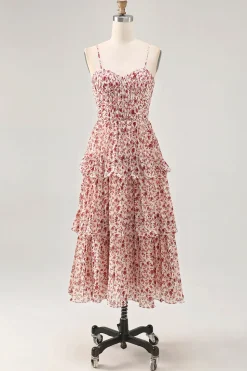 Blush Flor Uma Linha Esparguete Correias Estampado Tiered Vestido de Noiva Convidado