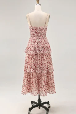Blush Flor Uma Linha Esparguete Correias Estampado Tiered Vestido de Noiva Convidado