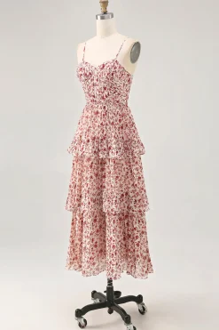 Blush Flor Uma Linha Esparguete Correias Estampado Tiered Vestido de Noiva Convidado