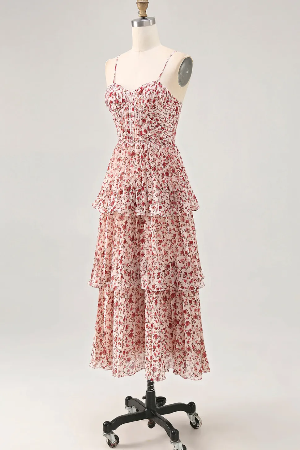 Blush Flor Uma Linha Esparguete Correias Estampado Tiered Vestido de Noiva Convidado