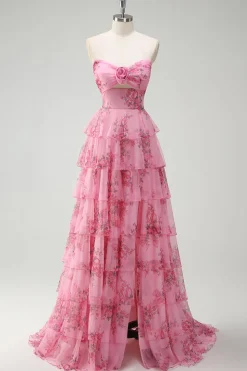 Blush Floral Estampado Princesa Querida Tiered Long Prom Dress