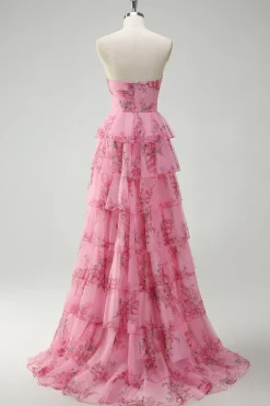 Blush Floral Estampado Princesa Querida Tiered Long Prom Dress