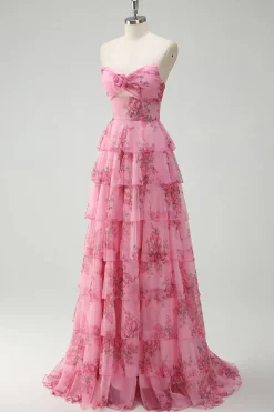 Blush Floral Estampado Princesa Querida Tiered Long Prom Dress