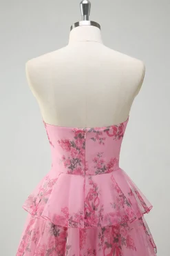 Blush Floral Estampado Princesa Querida Tiered Long Prom Dress