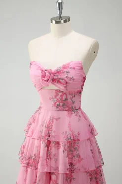 Blush Floral Estampado Princesa Querida Tiered Long Prom Dress