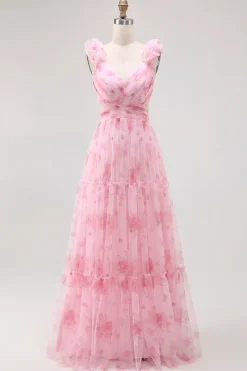 Blush Floral Impresso Uma Linha Tulle Longo Vestido Madrinha com Folhos