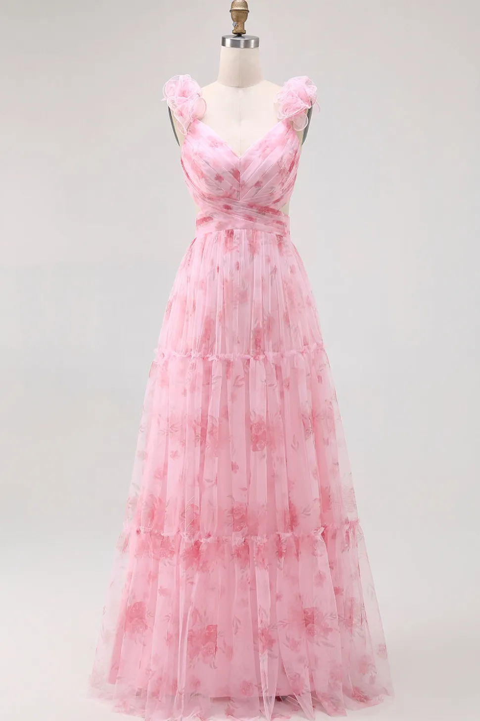 Blush Floral Impresso Uma Linha Tulle Longo Vestido Madrinha com Folhos
