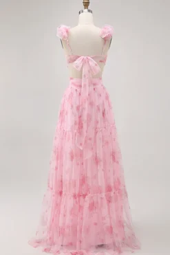 Blush Floral Impresso Uma Linha Tulle Longo Vestido Madrinha com Folhos