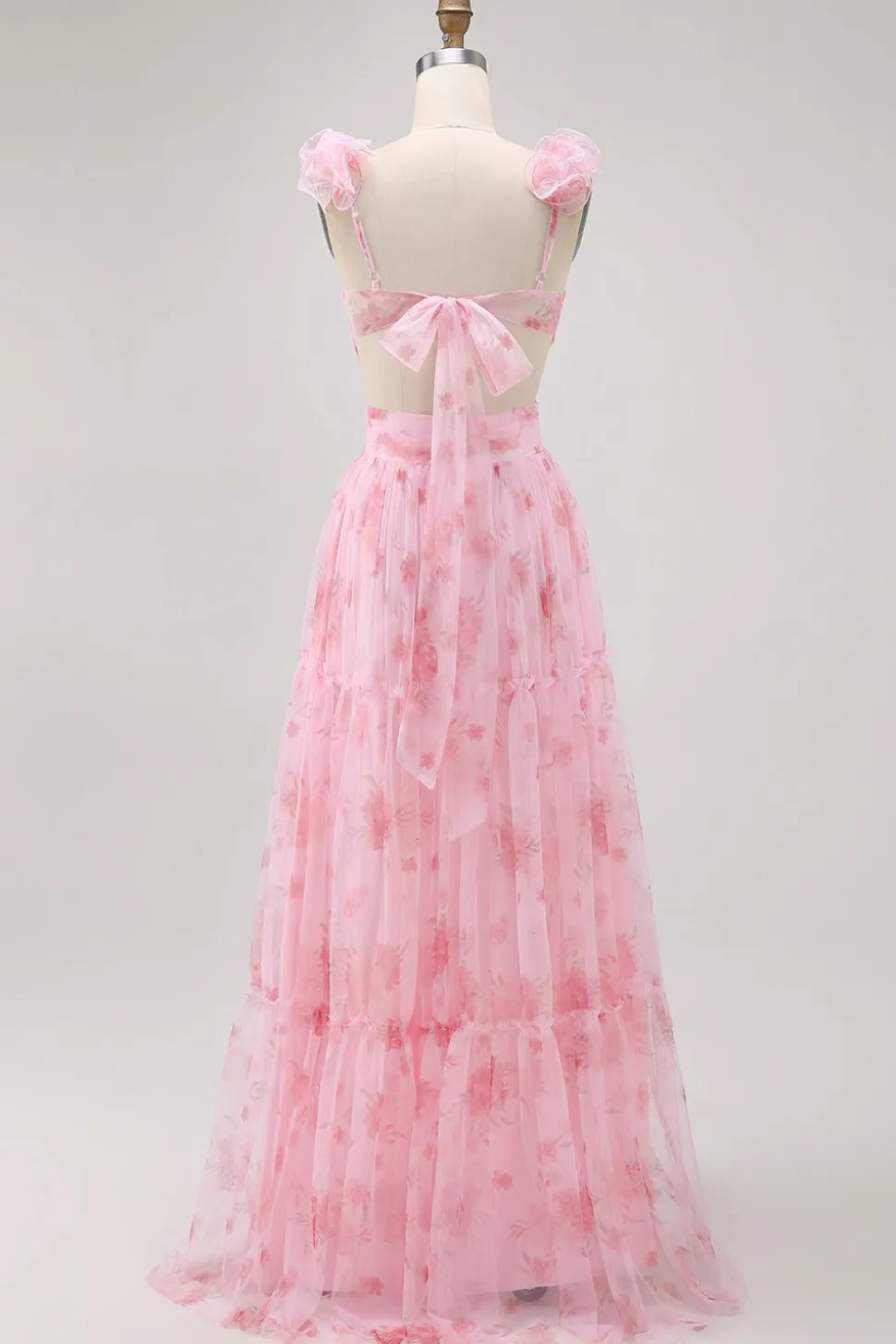 Blush Floral Impresso Uma Linha Tulle Longo Vestido Madrinha com Folhos