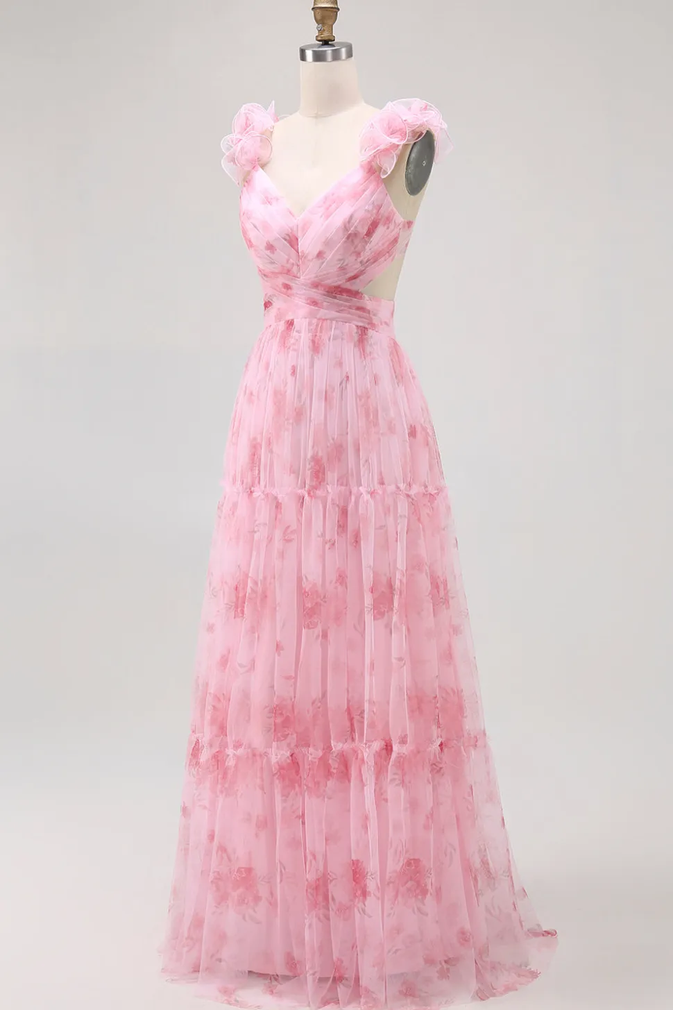 Blush Floral Impresso Uma Linha Tulle Longo Vestido Madrinha com Folhos
