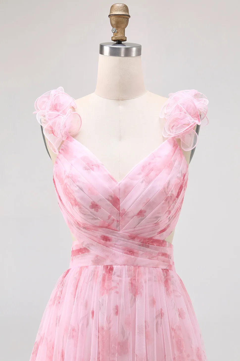 Blush Floral Impresso Uma Linha Tulle Longo Vestido Madrinha com Folhos