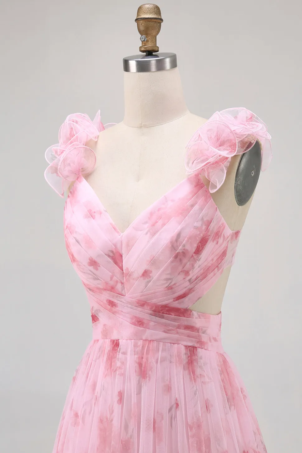 Blush Floral Impresso Uma Linha Tulle Longo Vestido Madrinha com Folhos