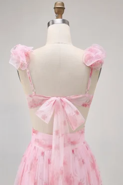 Blush Floral Impresso Uma Linha Tulle Longo Vestido Madrinha com Folhos