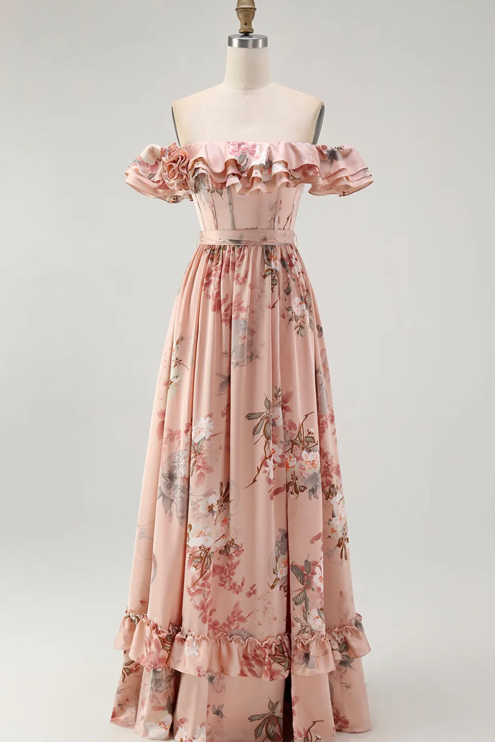 Blush Floral Off The Shoulder Uma Linha Vestido de Madrinha babado