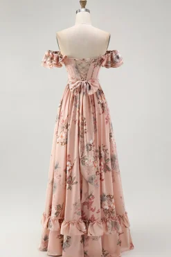 Blush Floral Off The Shoulder Uma Linha Vestido de Madrinha babado