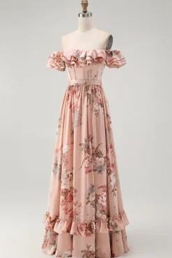 Blush Floral Off The Shoulder Uma Linha Vestido de Madrinha babado