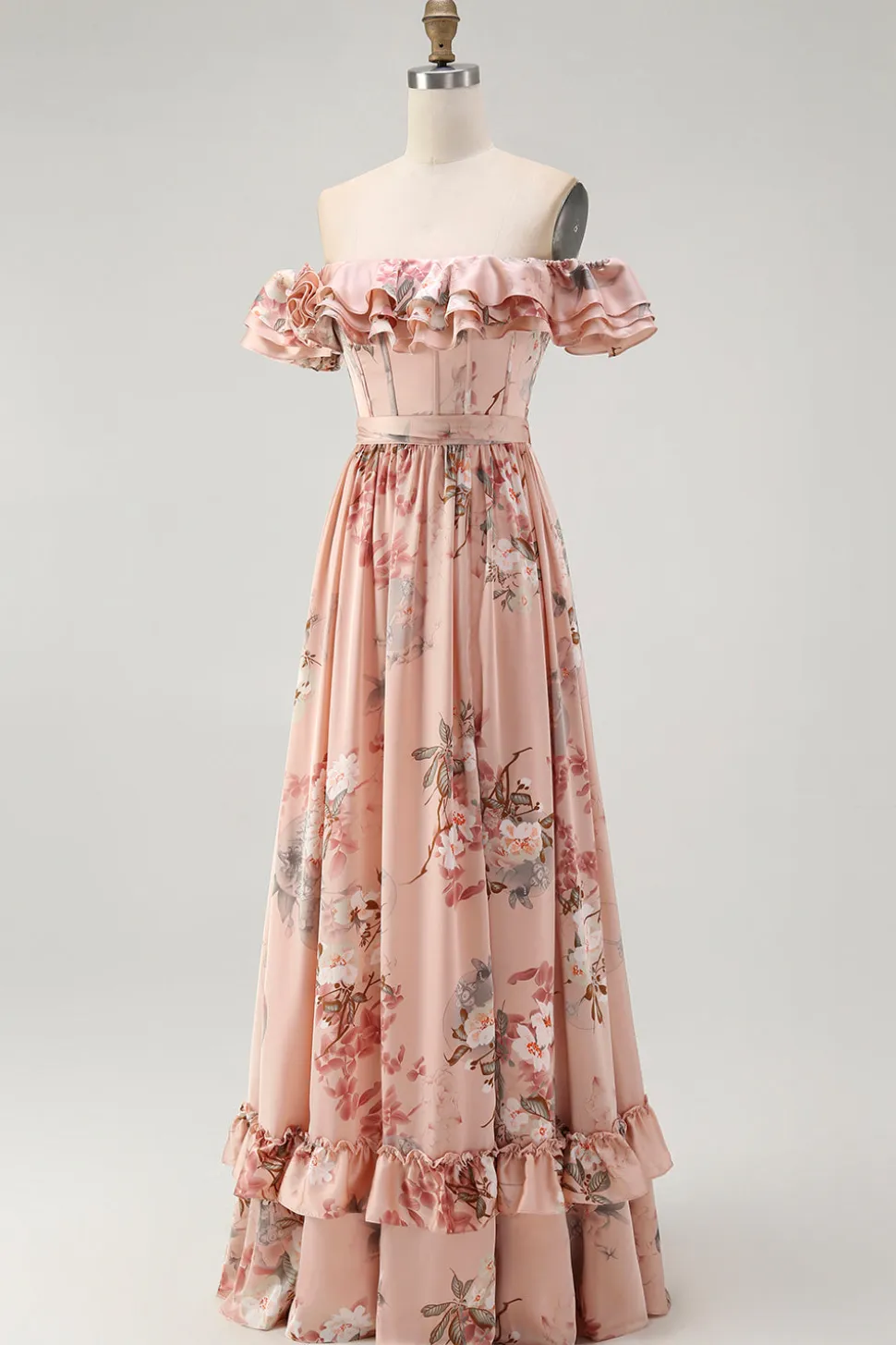 Blush Floral Off The Shoulder Uma Linha Vestido de Madrinha babado