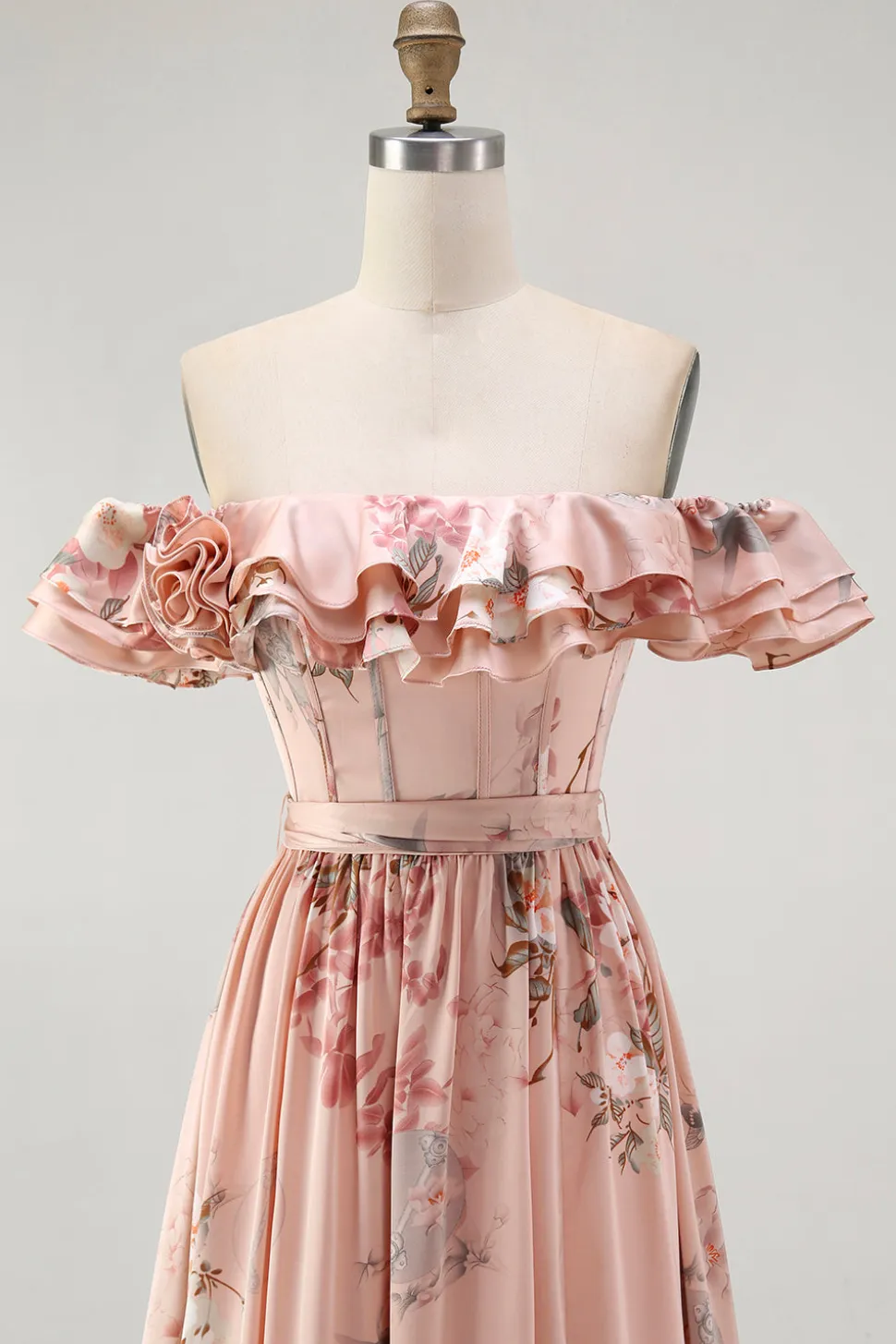 Blush Floral Off The Shoulder Uma Linha Vestido de Madrinha babado