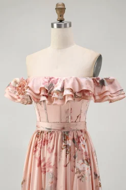 Blush Floral Off The Shoulder Uma Linha Vestido de Madrinha babado