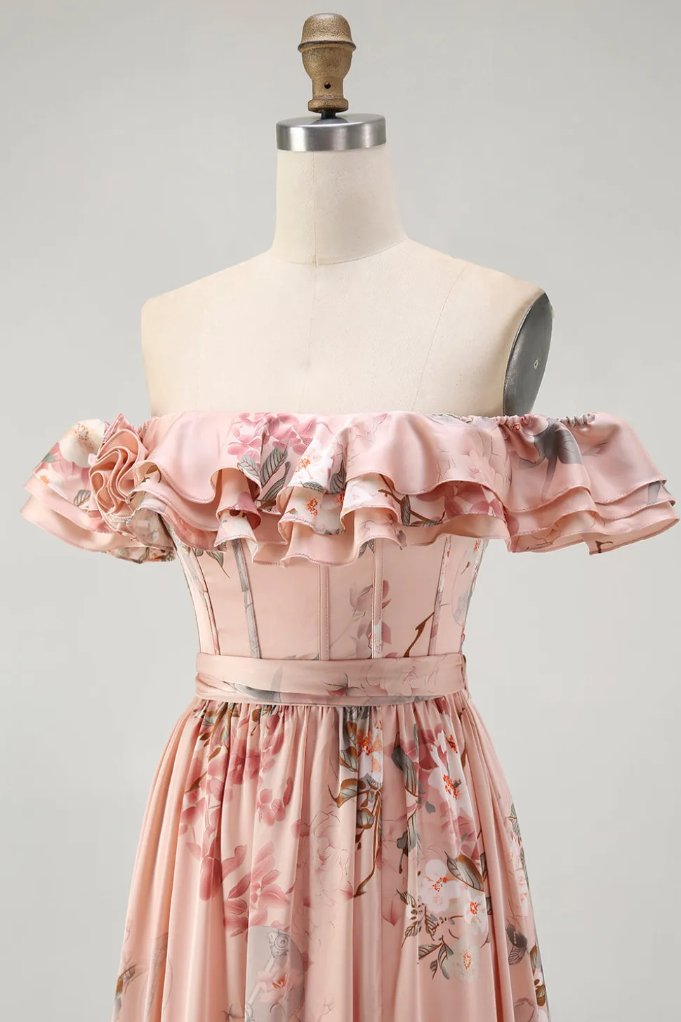 Blush Floral Off The Shoulder Uma Linha Vestido de Madrinha babado