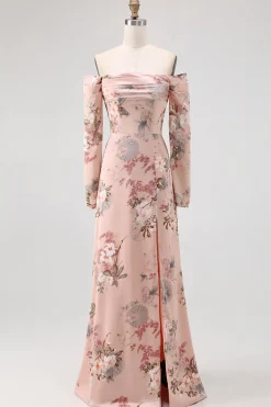 Blush Floral Off The Shoulder Bainha Longo Vestido de Noiva com Fenda