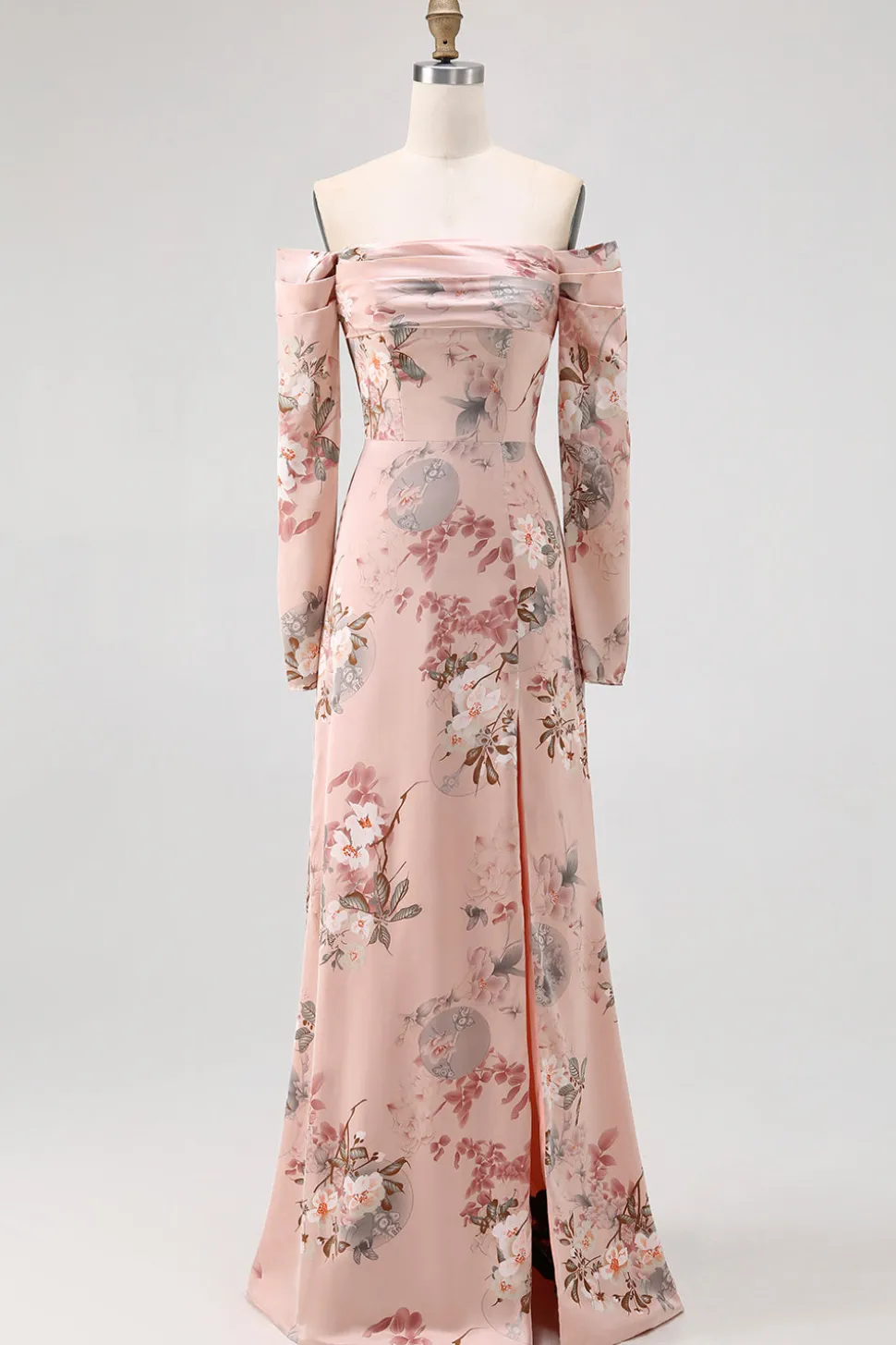Blush Floral Off The Shoulder Bainha Longo Vestido de Noiva com Fenda