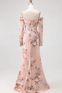 Blush Floral Off The Shoulder Bainha Longo Vestido de Noiva com Fenda