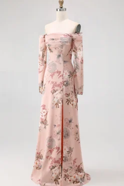 Blush Floral Off The Shoulder Bainha Longo Vestido de Noiva com Fenda