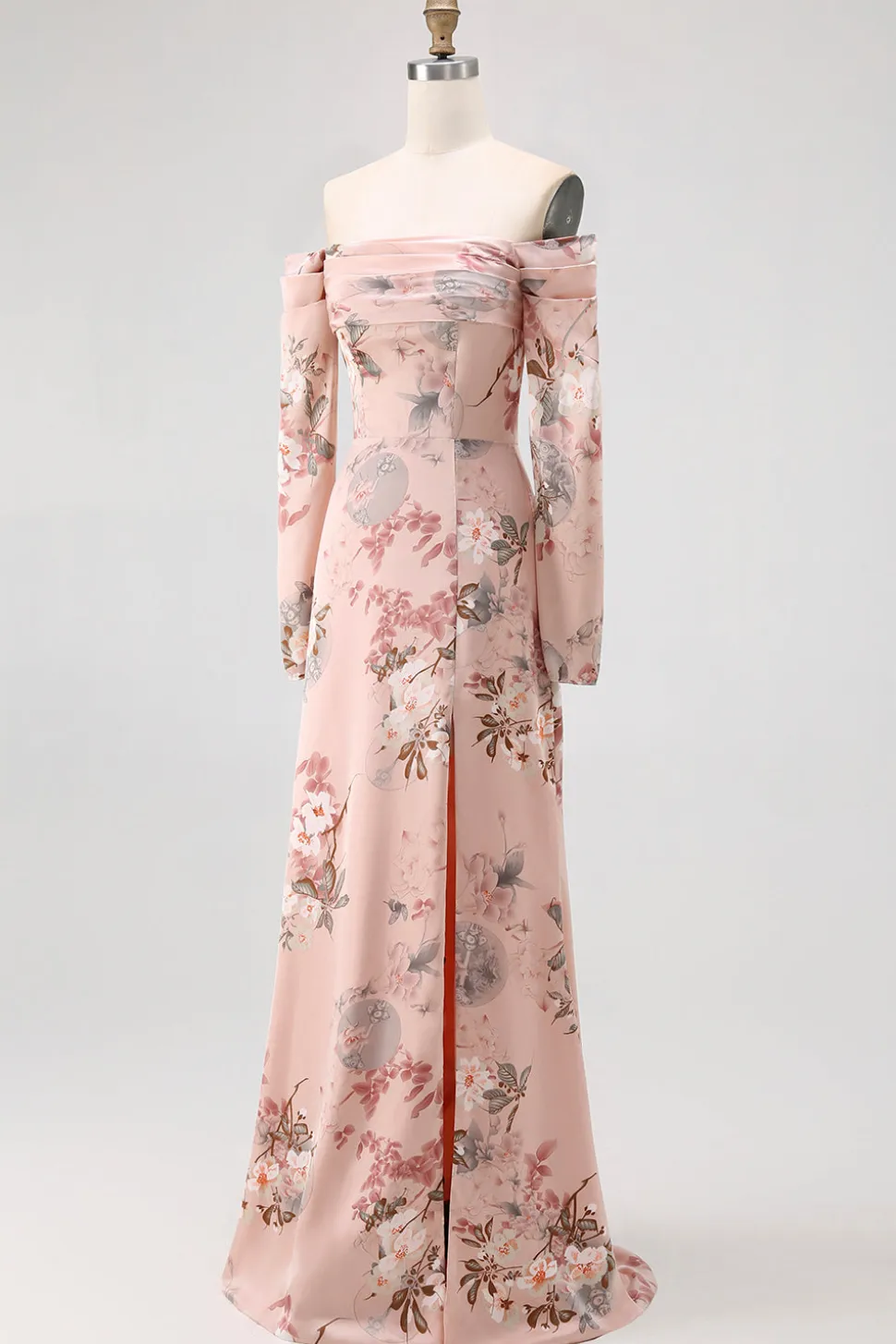 Blush Floral Off The Shoulder Bainha Longo Vestido de Noiva com Fenda