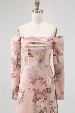 Blush Floral Off The Shoulder Bainha Longo Vestido de Noiva com Fenda