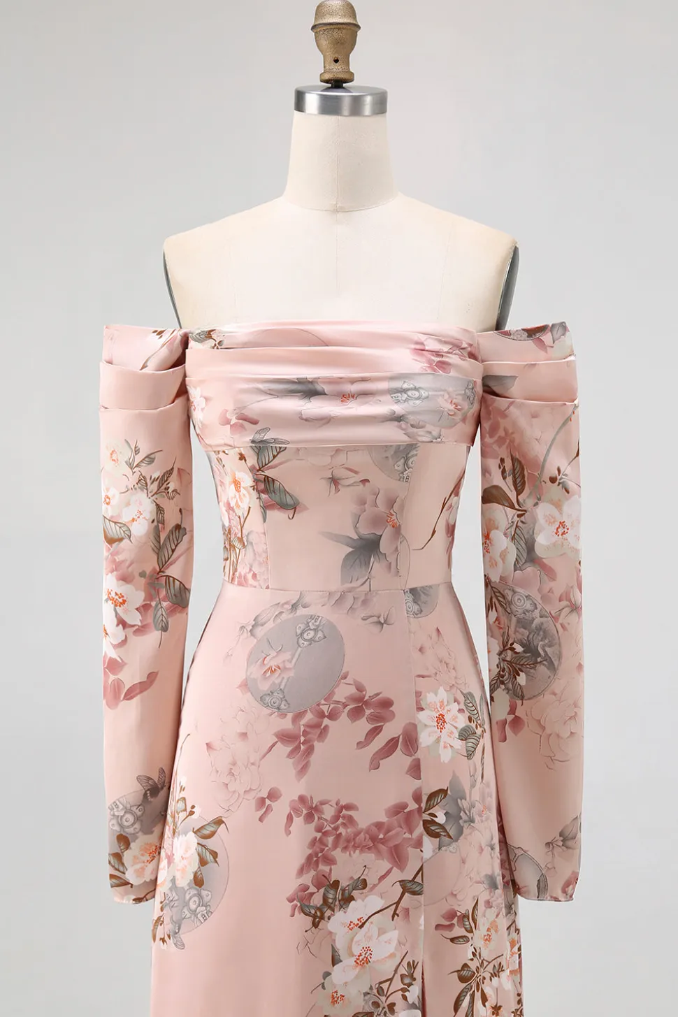 Blush Floral Off The Shoulder Bainha Longo Vestido de Noiva com Fenda
