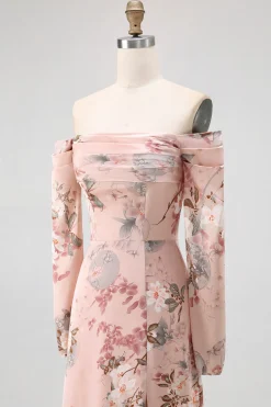 Blush Floral Off The Shoulder Bainha Longo Vestido de Noiva com Fenda