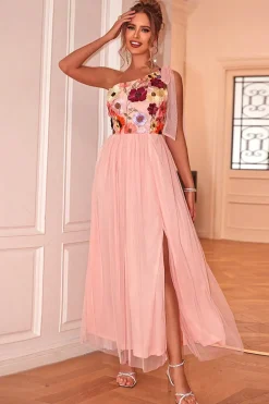 Blush Floral Um Ombro A-Line Tulle Chá Comprimento Vestido Formal