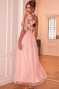 Blush Floral Um Ombro A-Line Tulle Chá Comprimento Vestido Formal