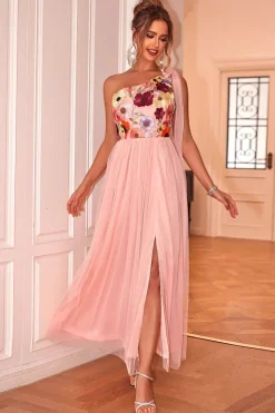 Blush Floral Um Ombro A-Line Tulle Chá Comprimento Vestido Formal