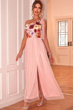 Blush Floral Um Ombro A-Line Tulle Chá Comprimento Vestido Formal