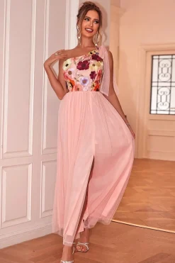 Blush Floral Um Ombro A-Line Tulle Chá Comprimento Vestido Formal