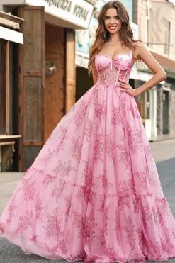 Blush Floral Uma Linha Esparguete Correias Plissado Corset Prom Dress