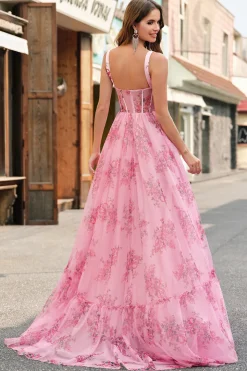 Blush Floral Uma Linha Esparguete Correias Plissado Corset Prom Dress