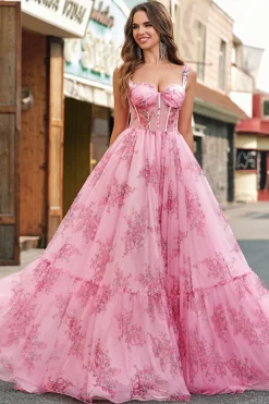 Blush Floral Uma Linha Esparguete Correias Plissado Corset Prom Dress