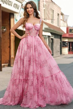 Blush Floral Uma Linha Esparguete Correias Plissado Corset Prom Dress