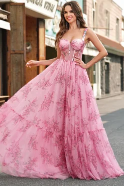 Blush Floral Uma Linha Esparguete Correias Plissado Corset Prom Dress