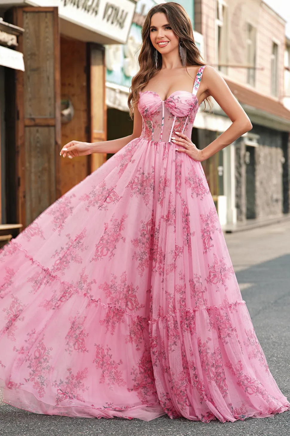 Blush Floral Uma Linha Esparguete Correias Plissado Corset Prom Dress