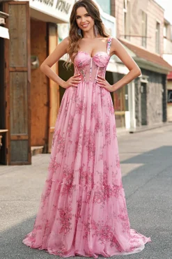 Blush Floral Uma Linha Esparguete Correias Plissado Corset Prom Dress