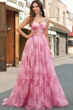 Blush Floral Uma Linha Esparguete Correias Plissado Corset Prom Dress