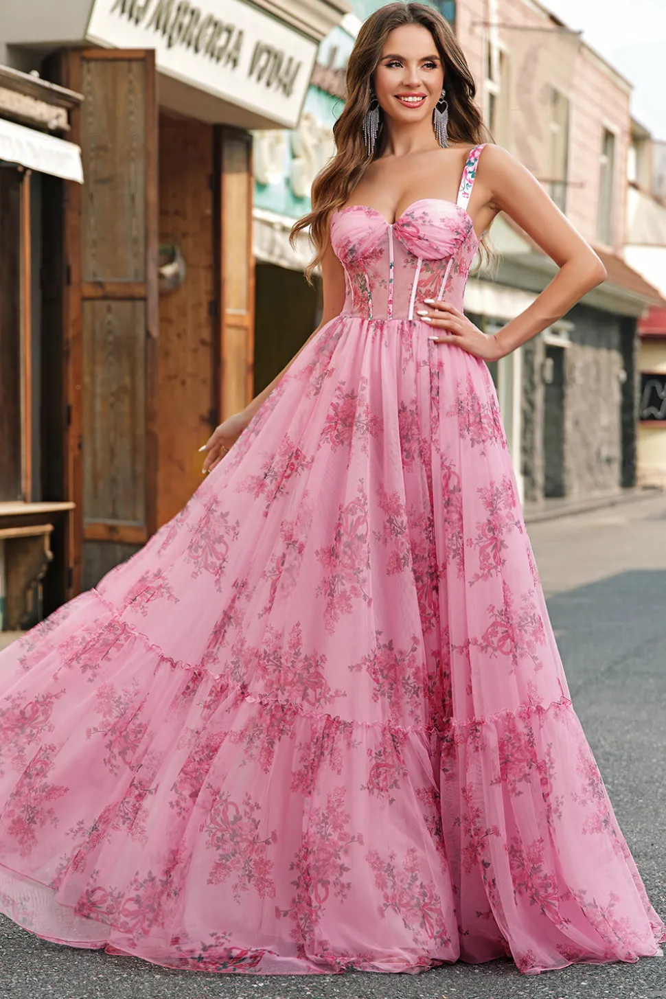 Blush Floral Uma Linha Esparguete Correias Plissado Corset Prom Dress